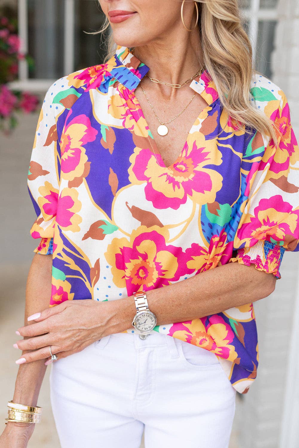 Rose Red Floral Bubble Sleeve Blouse