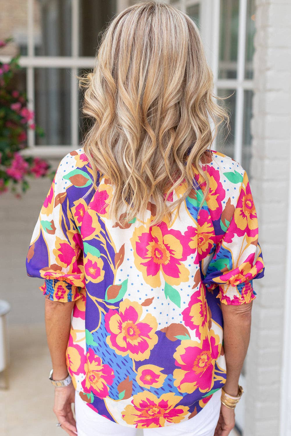 Rose Red Floral Bubble Sleeve Blouse