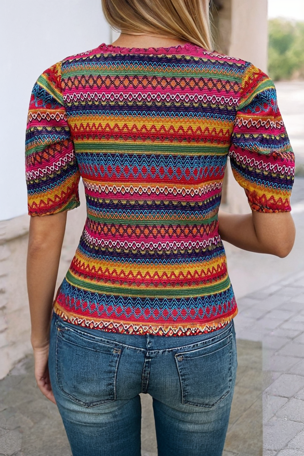 Rainbow Stripe Bubble Sleeve Top