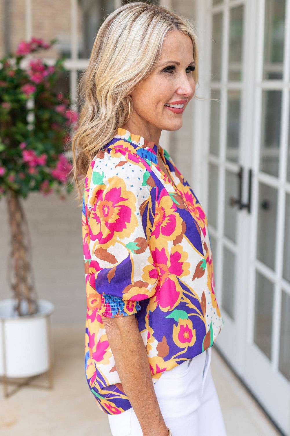 Rose Red Floral Bubble Sleeve Blouse