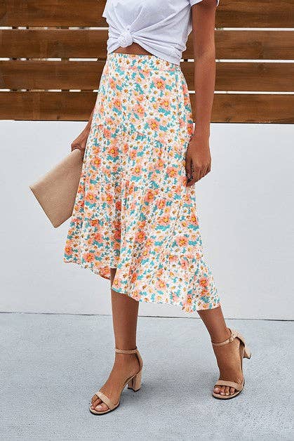 Floral Ruffle Swing Midi Skirt