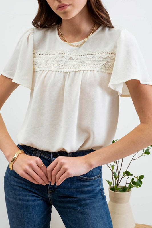 LACE TRIM SHORT BELL SLEEVE BLOUSE