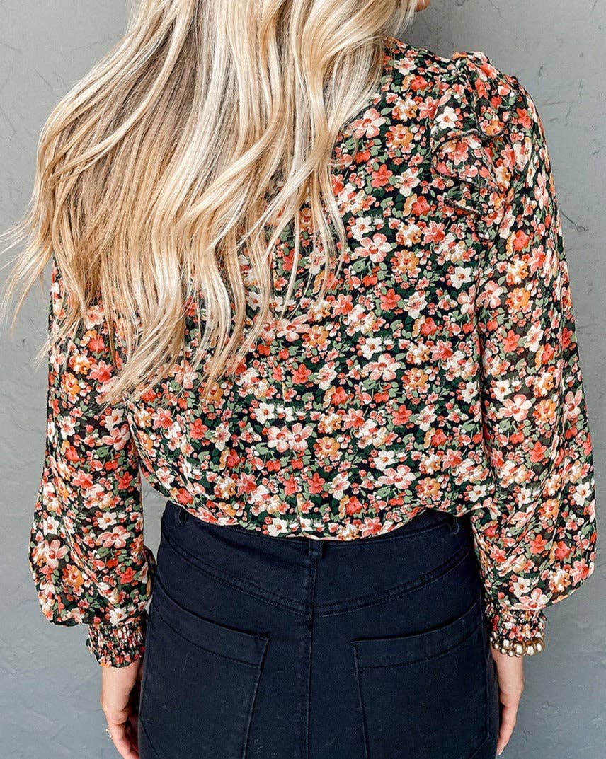 Floral Ruffle Blouse with Shirred Cuffs