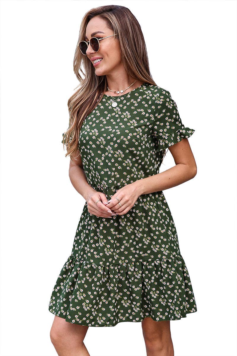 Crew Neck Floral Short Sleeve Dress