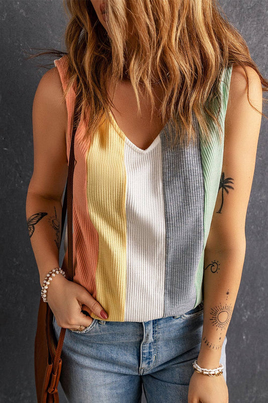 Color Block V-Neck Waffle Knit Tank Top