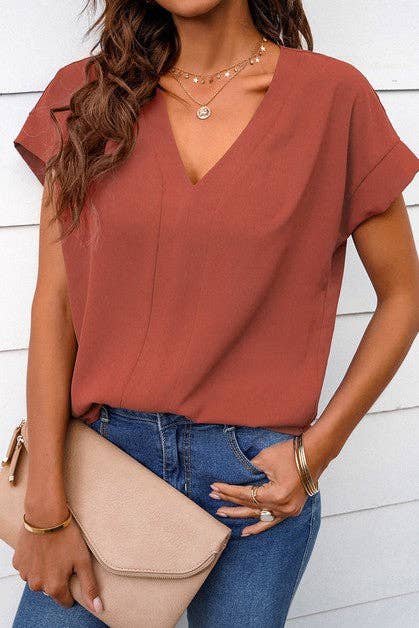 V Neck Short Bat Sleeve Loose Top