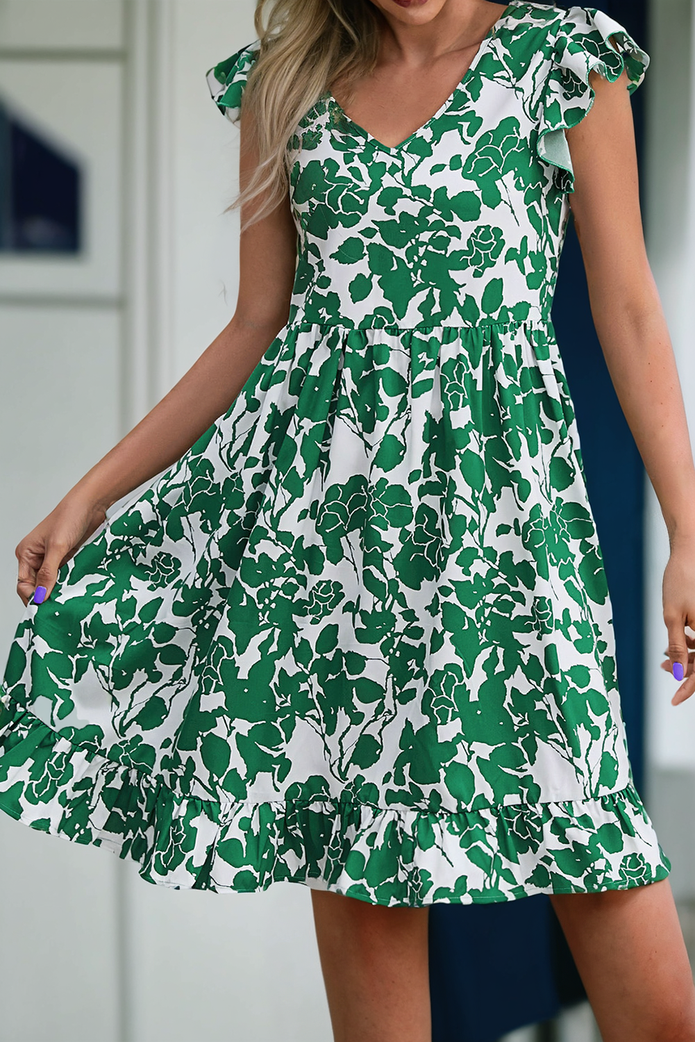 Dark Green Leaf Print Fly Sleeve Midi Dress