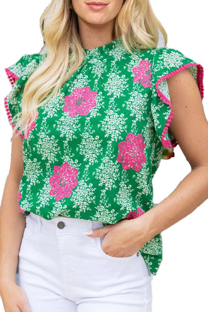 Green Ruffle Sleeves Floral Blouse