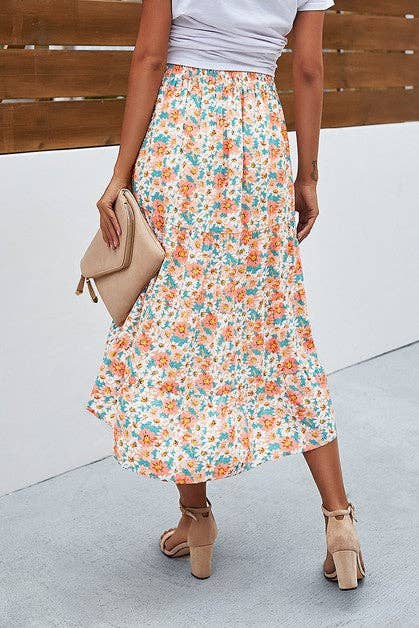 Floral Ruffle Swing Midi Skirt