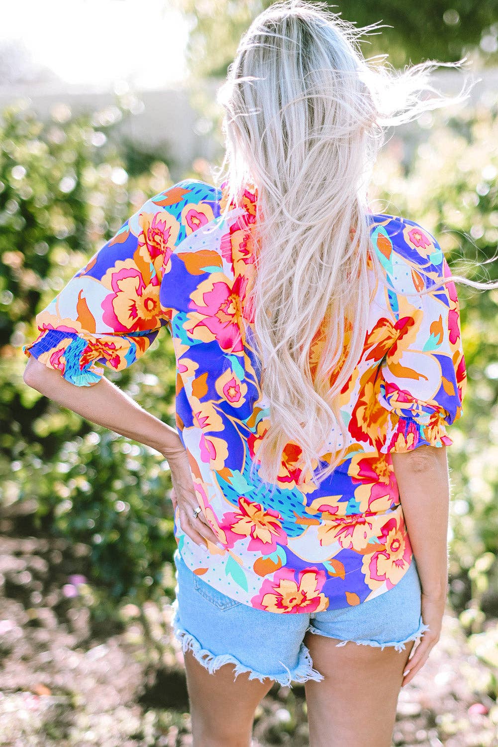 Rose Red Floral Bubble Sleeve Blouse