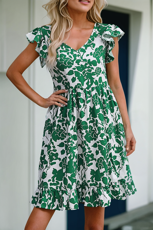 Dark Green Leaf Print Fly Sleeve Midi Dress