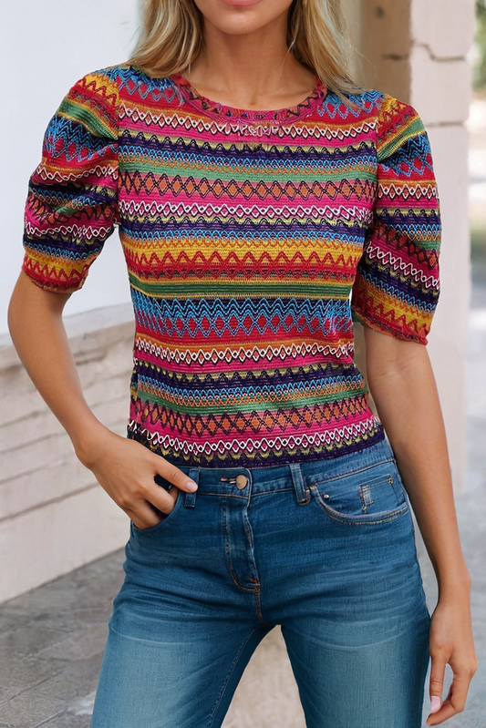 Rainbow Stripe Bubble Sleeve Top