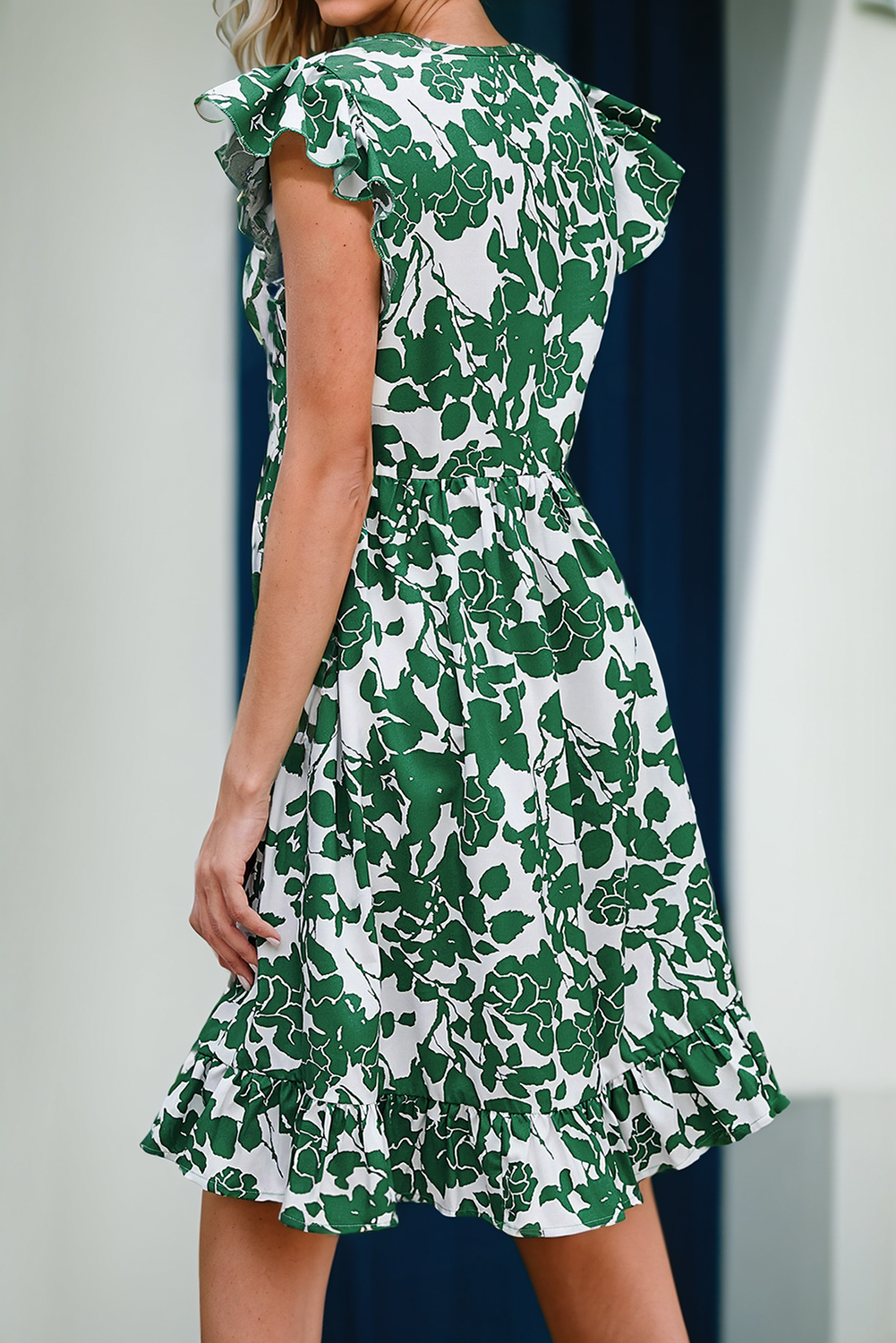 Dark Green Leaf Print Fly Sleeve Midi Dress